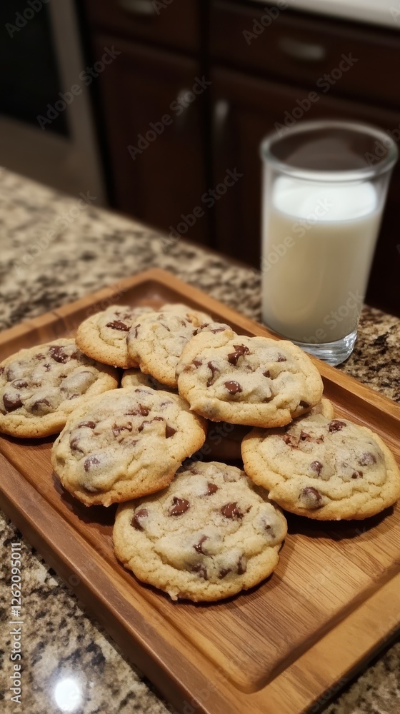 A batch of freshly baked cookies with gooey melting chocolate chips, arranged on wooden tray with glass of milk beside them A batch of freshly baked cookies with gooey melting chocolate chips, arranged on wooden tray with glass of milk beside them
