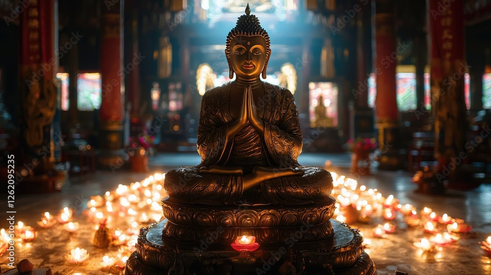 Serene Buddha Statue Surrounded by Soft Candlelight in Temple Setting