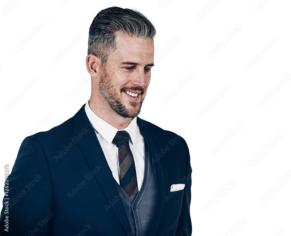 Thinking, space and confident businessman in studio with ideas, confidence and project decision. White background, solution mockup and happy financial advisor with investments or finance security Thinking, space and confident businessman in studio with ideas, confidence and project decision. White background, solution mockup and happy financial advisor with investments or finance security
