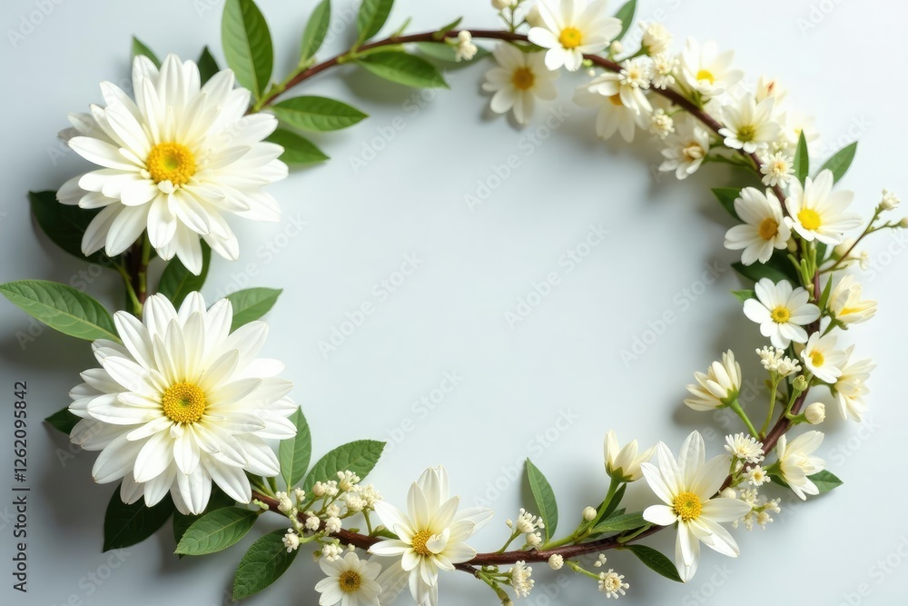 Delicate white chrysanthemum in a floral wreath, ribbon, flowers Delicate white chrysanthemum in a floral wreath, ribbon, flowers