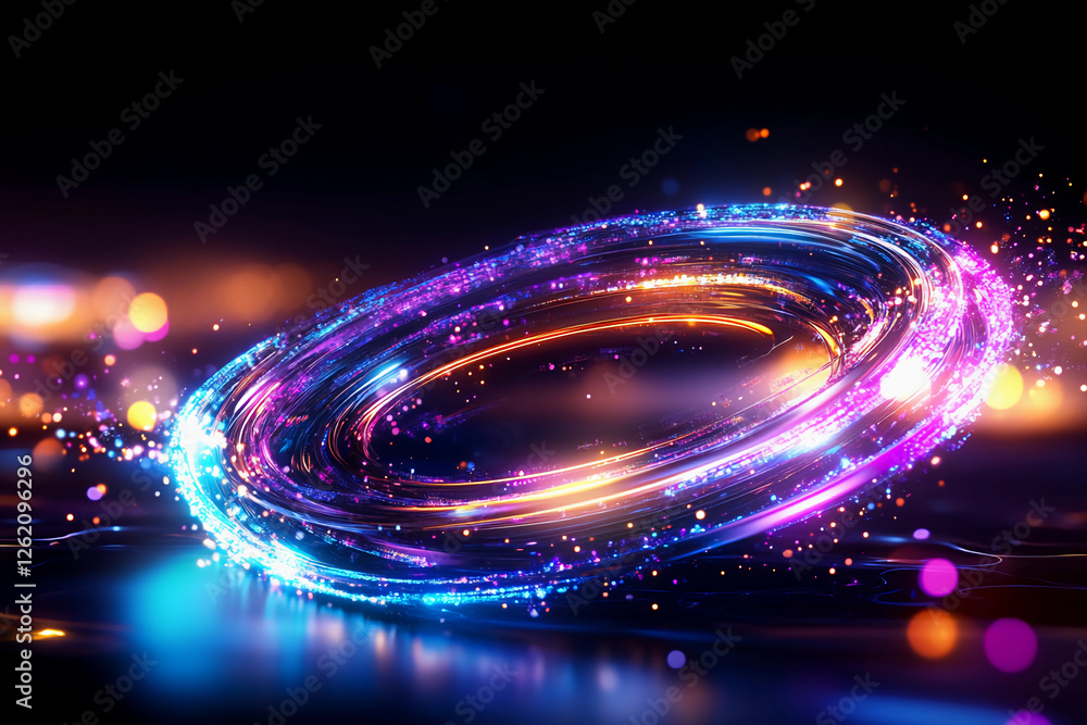 Obraz premium Quantum light trails swirl and merge in mesmerizing patterns, expanding outward into brilliant bursts of color, creating a stunning visual display of energy and motion