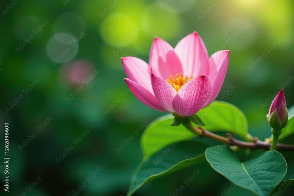 Delicate pink petals unfolding on a lush green branch, florals Delicate pink petals unfolding on a lush green branch, florals