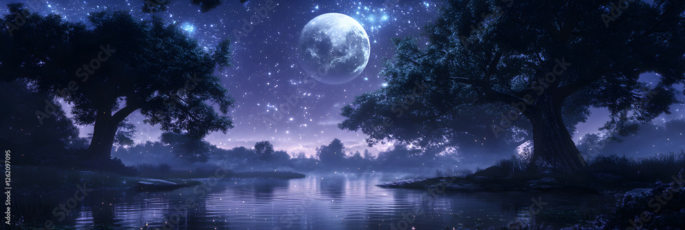 Fototapeta premium Celestial Symphony: The Luminous Midnight Tapestry of Moonlit Serenity