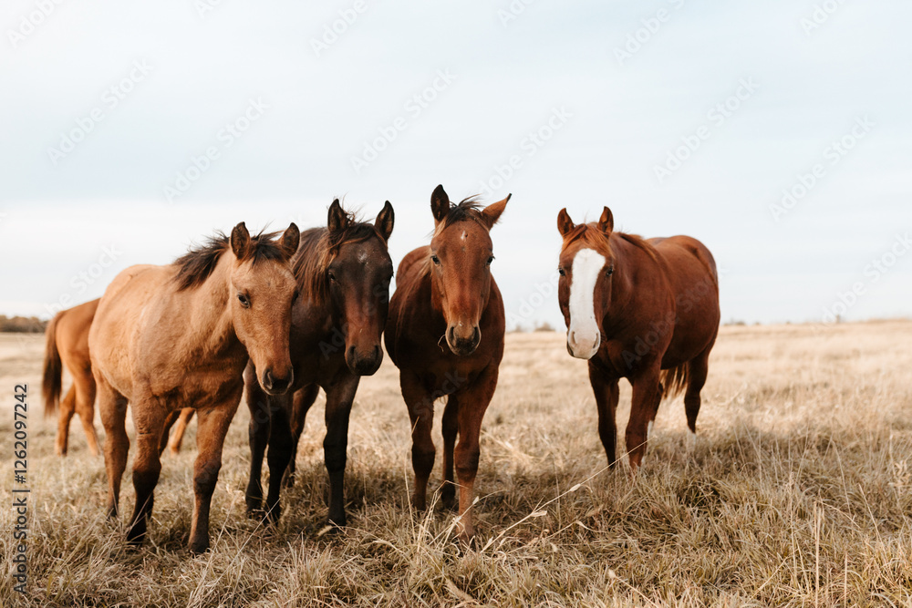 A group of young horses standing closely together in a Kansas field. A group of young horses standing closely together in a Kansas field.
