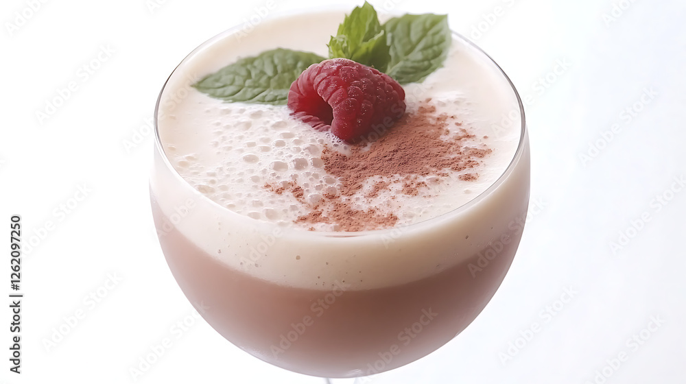 Delicious Dessert Drink with Raspberry and Mint Garnish on White Background Beverage Treat Delight