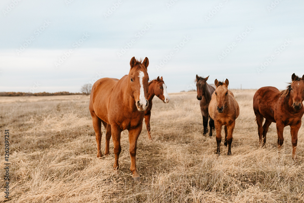 Group of horses standing in an open Kansas field under a cloudy sky. Group of horses standing in an open Kansas field under a cloudy sky.