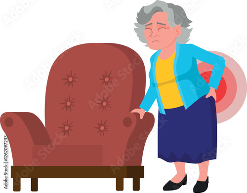 An elderly woman with back pain leaned on a chair