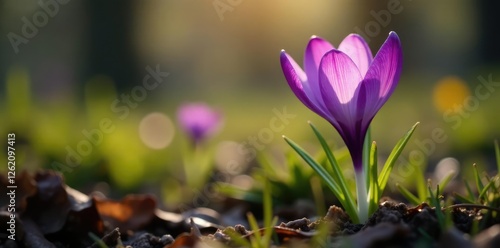 A single crocus blooming through the undergrowth, blossoms, undergrowth
