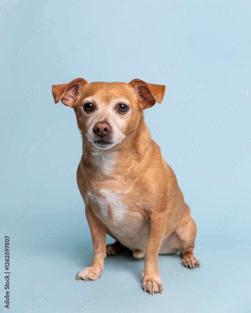 Cheweenie dog sitting down in a studio against a light blue back Cheweenie dog sitting down in a studio against a light blue back