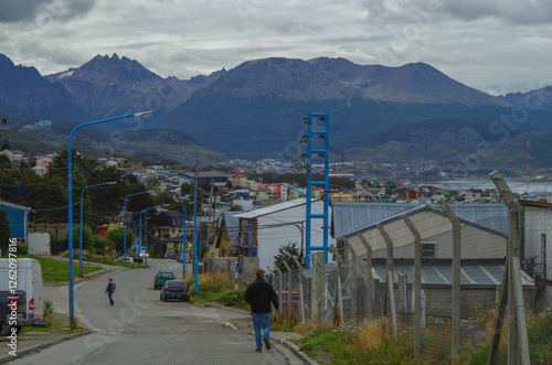 Panoramic scenic nature landscape cityscape scenery in Ushuaia, Patagonia in Terra del Fuego National Park in South America Argentina with breathtaking mountain view and city skyline harbor port photo