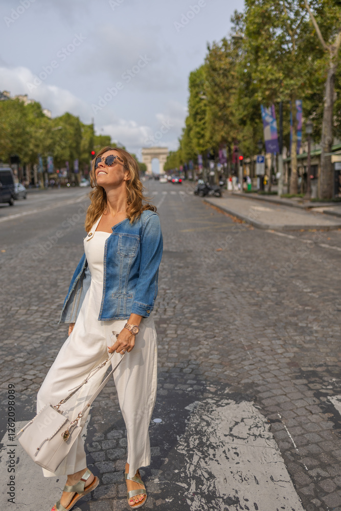 young adult posing in front of Arc de Triomphe young adult posing in front of Arc de Triomphe