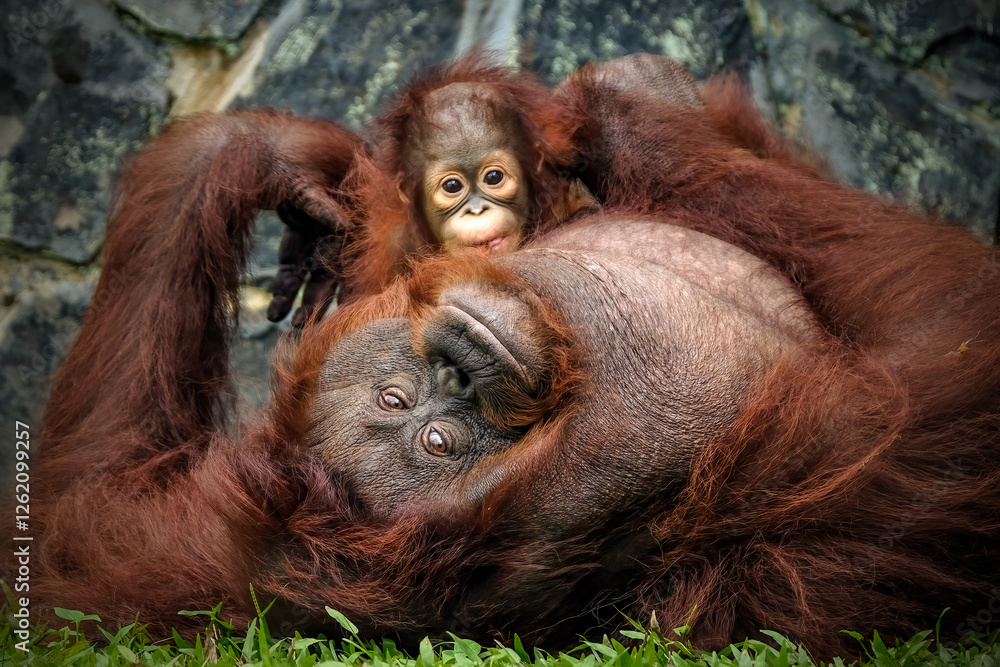 Orangutan (Orang-utang) baby and mom cute two animals Orangutan (Orang-utang) baby and mom cute two animals