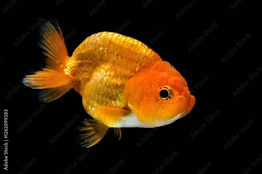 Goldfish, a lion-headed goldfish on black background Goldfish, a lion-headed goldfish on black background