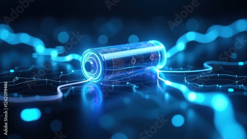 Graphene-based battery technology showcased in a futuristic blue illuminated environment