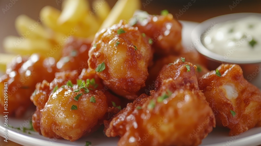 Crispy fried chicken bites with golden fries and creamy dipping sauce Crispy fried chicken bites with golden fries and creamy dipping sauce