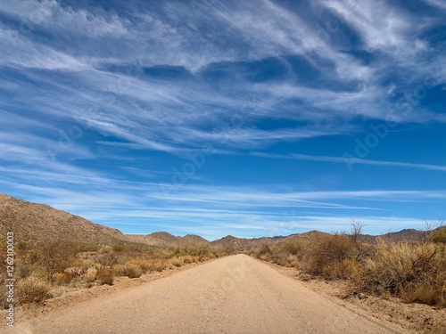 Dirt road stretching through Arizona desert under a vast blue sky