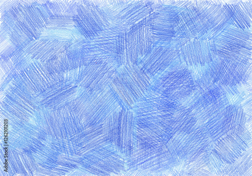 Background filled with texture drawn with colored pencils. Different shades blue colors. Chaotical strokes. Background is unevenly filled strokes. Sometimes more saturated, sometimes see white space.