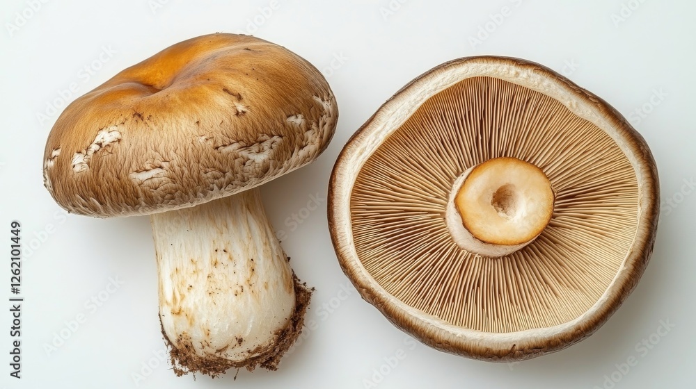 Two Brown Mushrooms on White Background - Detailed Close-Up Two Brown Mushrooms on White Background - Detailed Close-Up