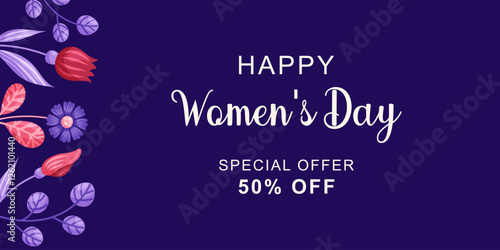 March 8 Women's Day horizontal banner with flowers from left edge. Simple cute greeting card on dark background. Vector illustration.