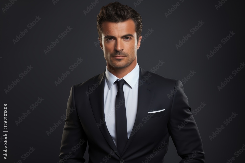 A man in a suit and tie is standing in front of a dark background A man in a suit and tie is standing in front of a dark background