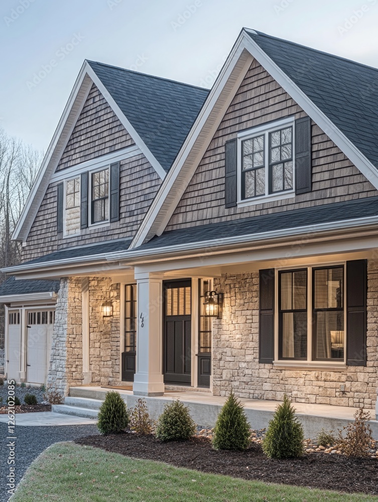 Obraz premium Large two-story craftsman home with large windows and stone exterior walls. Garage has a painted door.