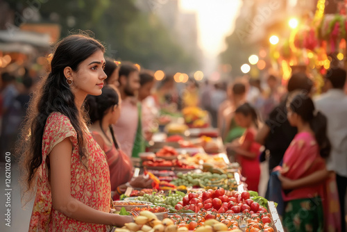 A busy street in Kolkata during a festival, with people wearing colorful clothing, street vendors selling food photo