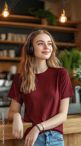 Wallpaper Mural A woman wearing dark red color t shirt mockup; with wireless headphones; at the cafe; front view Torontodigital.ca