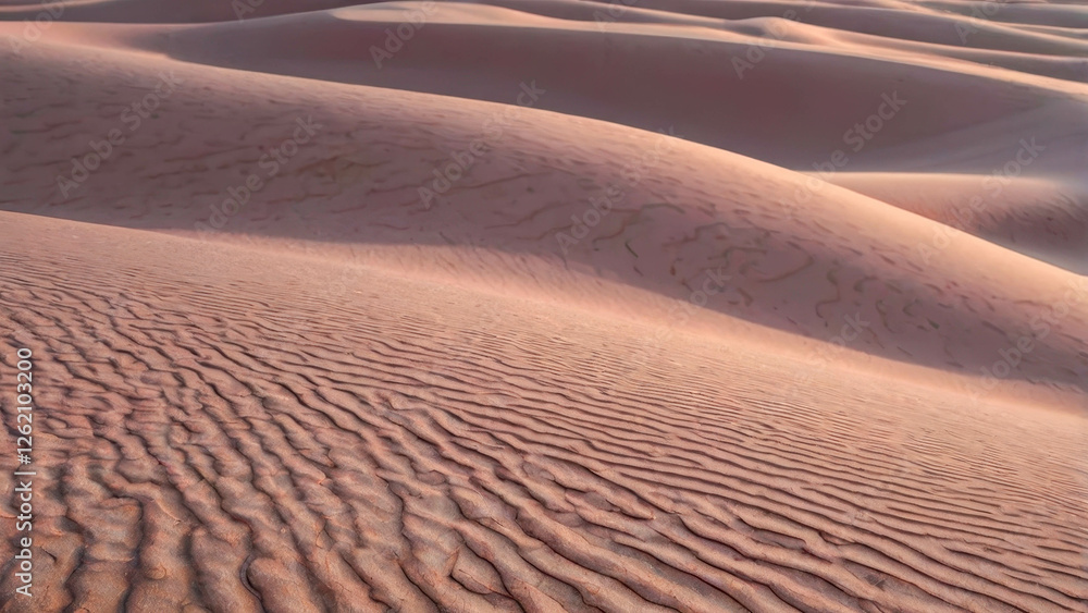 Naklejka premium Contours of sand dunes against a pink sunset, with warm shades of beige and soft pink tones. Sand textures smoothly transition into gray shadows.