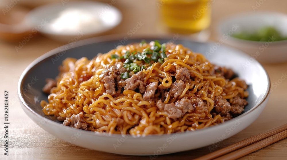Spicy Ground Pork Noodles, Asian Cuisine, Home Cooked Meal, Wooden Table Spicy Ground Pork Noodles, Asian Cuisine, Home Cooked Meal, Wooden Table