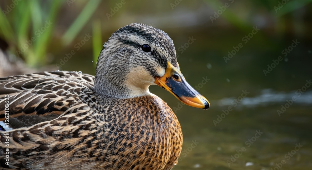 Candid close-up of a female mallard duck in natural habitat Candid close-up of a female mallard duck in natural habitat