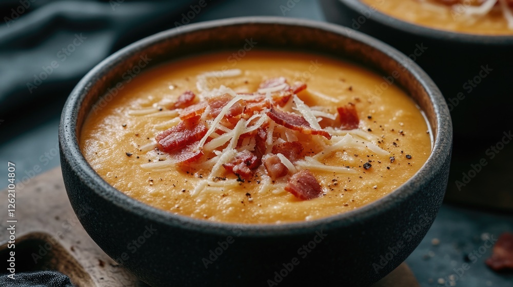 A bowl of hearty, homemade chili with bacon and cheddar cheese. Perfect comfort food served in a black ceramic crock. A bowl of hearty, homemade chili with bacon and cheddar cheese. Perfect comfort food served in a black ceramic crock.
