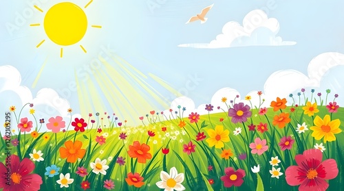 a bright yellow sun shining down on a lush green meadow filled with flowers of various colors, generative ai