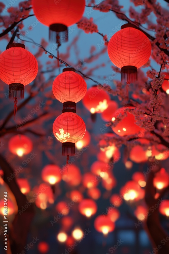 Obraz premium Beautiful tree adorned with traditional Chinese lanterns during twilight, creating a serene and festive atmosphere.