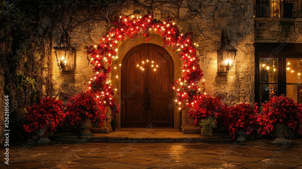 Fototapeta premium Beautiful Festive Entrance with Lights and Flowers at Night