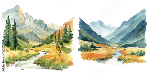 tibetan valley watercolor vector illustration