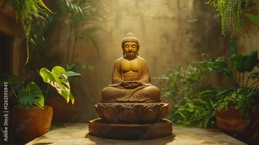 Serene Buddha Statue Surrounded by Lush Greenery and Soft Light Serene Buddha Statue Surrounded by Lush Greenery and Soft Light
