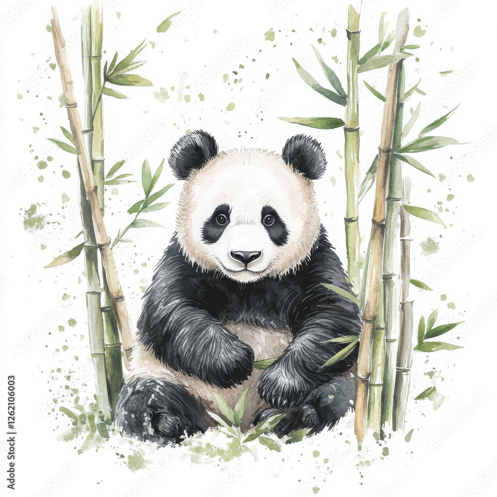 Cute panda bear in bamboo stalks in realistic boho style illustration Cute panda bear in bamboo stalks in realistic boho style illustration
