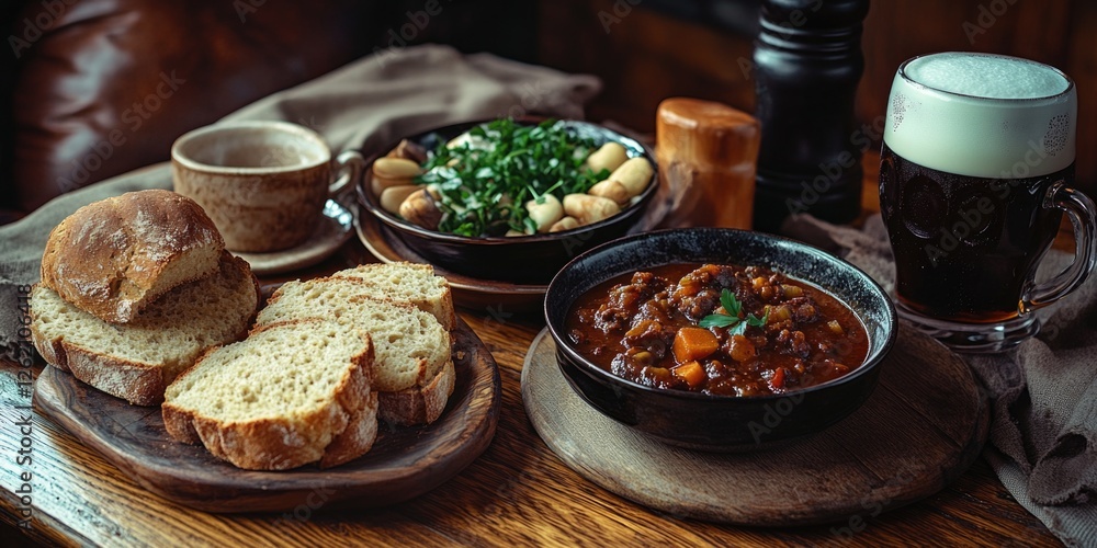 Bowls of stew, bread, and beer on a wooden table. Cozy comfort food meal setting. Bowls of stew, bread, and beer on a wooden table. Cozy comfort food meal setting.