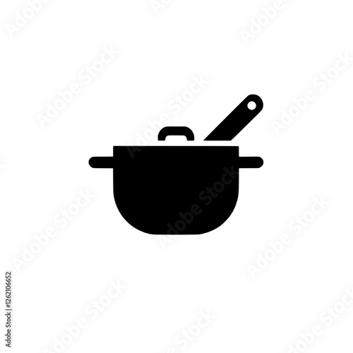 Simple Cooking Pot Icon: A minimalist black and white icon of a cooking pot with a spoon, ideal for culinary websites, recipe apps, and food blogs.