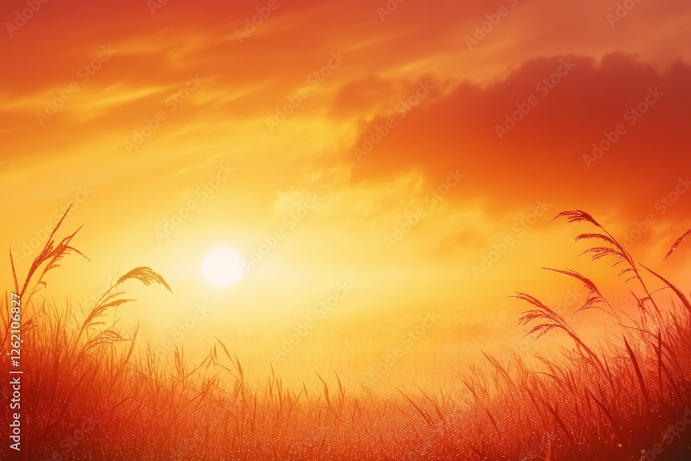 Golden sunrise over a tranquil field with misty grasses gently swaying in the morning breeze, creating a serene and warm atmosphere filled with vibrant orange hues. Golden sunrise over a tranquil field with misty grasses gently swaying in the morning breeze, creating a serene and warm atmosphere filled with vibrant orange hues.
