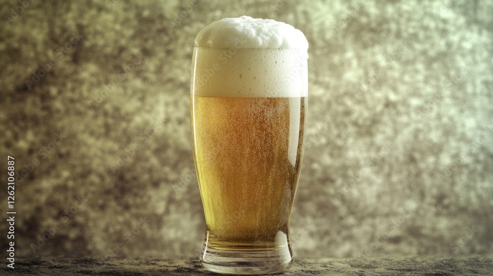 Beer in a frothy mug, foamy head on top, served at a bar or pub. Refreshing and social beverage for celebrations.