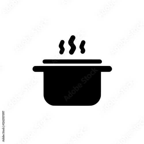 Boiling Pot Icon: A minimalist black and white icon depicting a steaming pot, ideal for food blogs, recipe websites, cooking apps, and culinary-themed projects.  