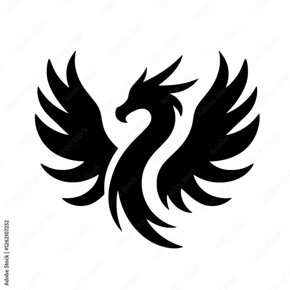 Obraz premium Winged Dragon Silhouette: A majestic silhouette of a dragon with outstretched wings, embodying power, mystique, and mythical creatures. The design is perfect for branding, tattoos.