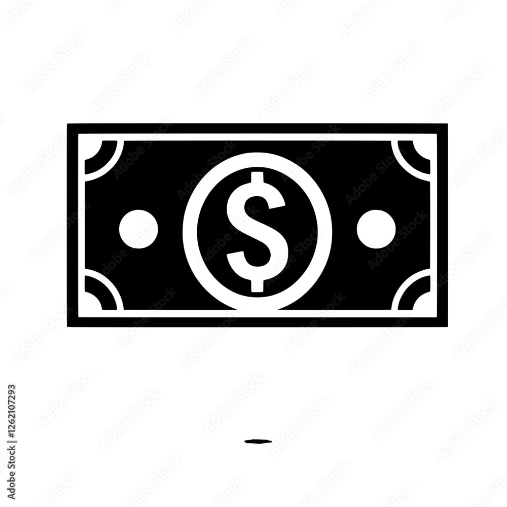 Dollar Bill Icon: A bold, minimalist icon depicting a single US dollar bill, perfect for representing finance, banking, or wealth. The design is simple and clean. Dollar Bill Icon: A bold, minimalist icon depicting a single US dollar bill, perfect for representing finance, banking, or wealth. The design is simple and clean.