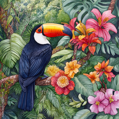 Lively toucan in realistic boho garden, vibrant nature illustration photo