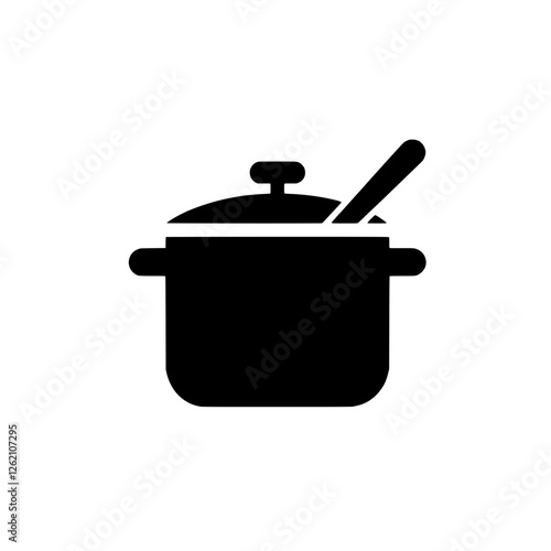 Cooking Pot Icon: Simple and clean vector icon of a cooking pot with a spoon, ideal for recipe websites, food blogs, and cooking apps. Perfect for representing cooking, food preparation.