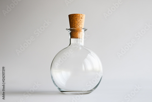 A Transparent Glass Bottle with a Cork Stopper Resting on a Subtle Gray Surface.
