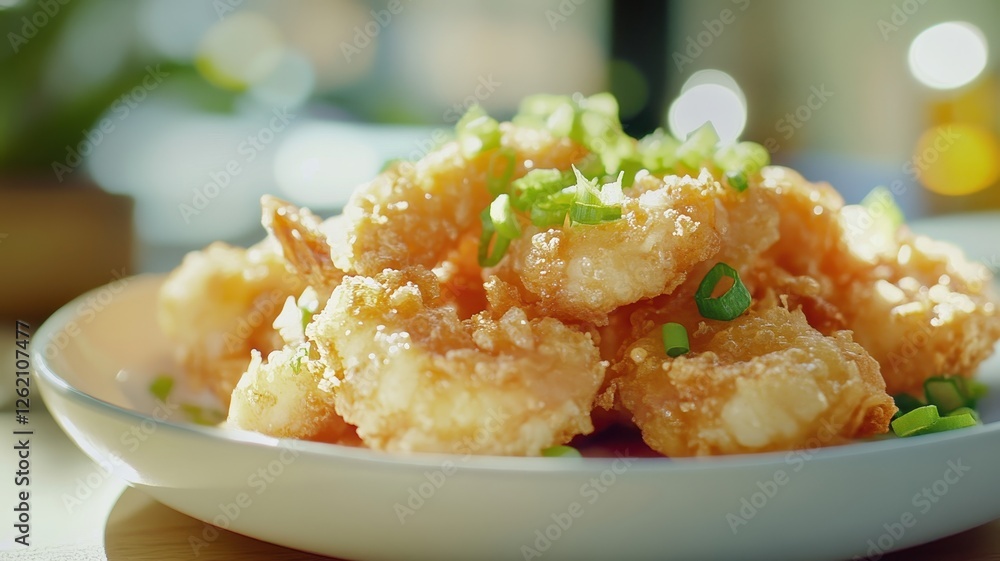 Crispy shrimp tempura garnished with fresh green onions Crispy shrimp tempura garnished with fresh green onions