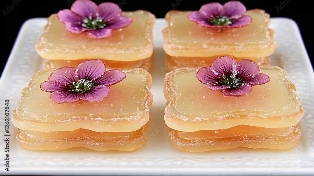 Elegant Peach Colored Desserts Topped with Purple Flowers on a White Plate Beautiful Still Life Elegant Peach Colored Desserts Topped with Purple Flowers on a White Plate Beautiful Still Life