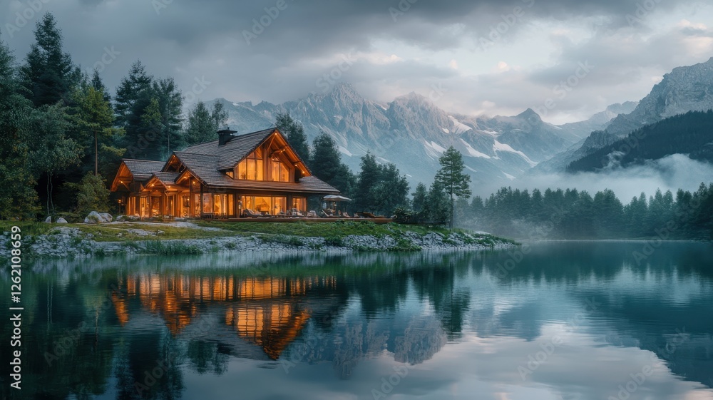 Obraz premium Cozy cabin by a reflective lake surrounded by misty mountains